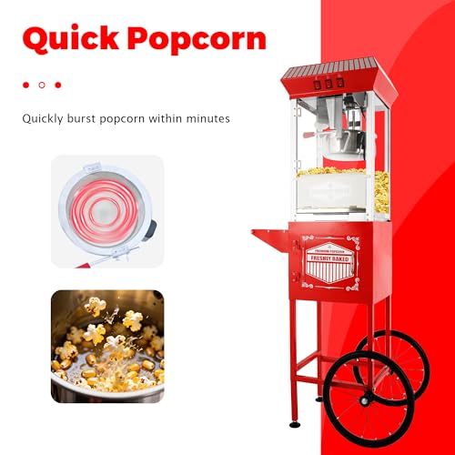 Image of 12 oz Popcorn Machine with Cart, Commercial Popcorn Maker Machine with Stainless Steel Kettle, Warming Light, Vintage Movie Theater-Style Popper for Home, Party and Carnival Events