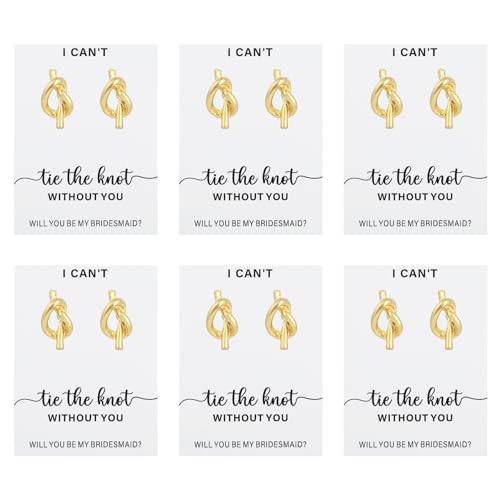 SANDOO I Couldn't Tie The Knot Without You Bridesmaid Earrings - Gold Set of 6 - Knot Earrings Stud for Bridesmaid Proposal Box Stuffers