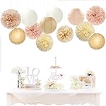 Champagne-Gold White Party-Decorations Paper-Flowers Lanterns - 15PCS Boho Fall Rustic Tissue Pom Poms Streamers,Wedding Baby Bridal Shower Neutral Autumn Birthday Hanging Supplies Decor Hugfond - Image 2