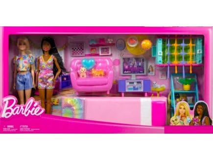 Coffret pour Barbie Grand séjour + la Chambre à couché + 22 Accessoires + 2 poupées mannequins - Set Maison avec Carte Tigre