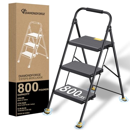 Step Ladder Foldable Folding Stool - for Home Adults Kitchen 3 Stepping Extension Tall Heavy Duty with Handrails - Closet Stepstool Stair Ladders Extendable Stepladder for Indoor House 800Lbs