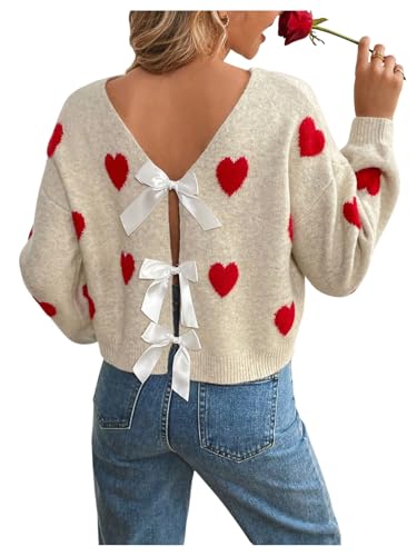 Verdusa Women's Bow Slit Coquette Pullover Sweaters Y2k Streetwear Heart Print Sweater Knit Tops
