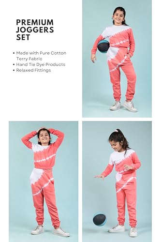 Image of Tweeny Mini Girls Kids Pure Cotton Terry Joggers Set | Tie Dye Co ord Set Winter Combo Outfit with Full Sleeves Sweatshirt and Pants | Relaxed and Comfortable Fittings