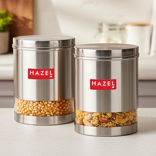 Image of HAZEL Stainless Steel Transparent Wide Mouth Container, 1350 ml Kitchen Storage Jars, Set of 2