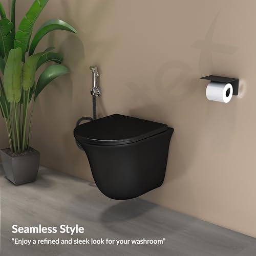 Image of Plantex Ceramic Rimless Commode for Toilet /Western Commode /Wall Hung Commode with Soft Closing Toilet Seat - P Trap (Matt Black)