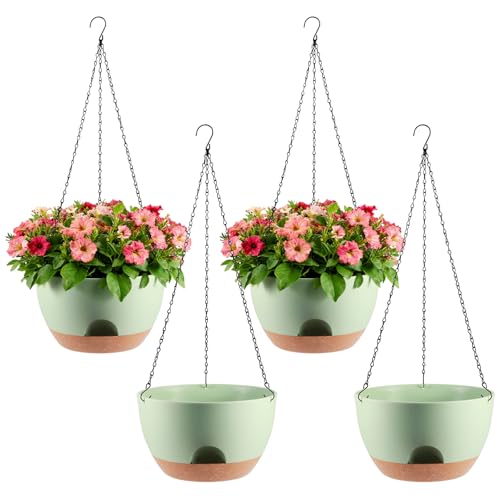 WUCEIAUU 4-Piece Set of 8-Inch Hanging Planters with Automatic Watering System and Drip Tray, Includes Metal Chain, Suitable for Various Indoor and Outdoor Plants and Flowers, Green-Brown