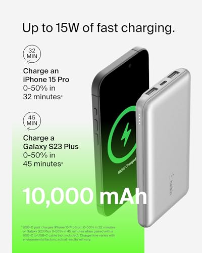 Image of Belkin Portable Charger, USB-C Power Bank 10000 mAh w / 1xUSB-C Port & 2xUSB-A Ports, 15W w /Type-C to Type-A Cable for iPhone 17, Samsung Galaxy S25, Nintendo Switch 2, Google Pixel 10, etc. - Silver