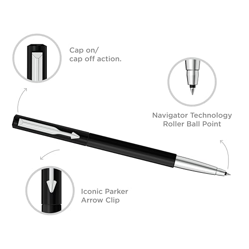 Image of Parker Vector Standard Chrome Trim Roller Ball Pen and Silver Key Chain, Black Body, Blue Ink, Medium Point - Gift Set for Professionals, Executives, and Students