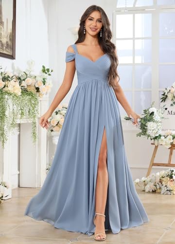 Fu Jiang Off The Shoulder Bridesmaid Dresses for Wedding Long Slit Chiffon Pleated Formal Evening Gown for Women3