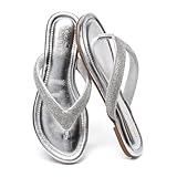 NianEr Womens Microfiber Leather Rhinestone Glitter Sparkly Bling Jeweled Sparkle Diamond Dress Beach Dressy Date Flip Flop Thong Sandals Summer Shoes Cute Flat Slip On Slides 2 silver Size 9