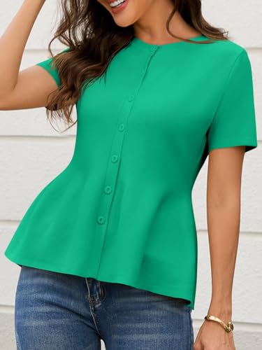 Image of Saodimallsu Womens Short Sleeve Cardigans Ruffle Button Down Crew Neck Peplum Babydoll Knit Sweater Tops