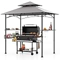 Tangkula 8x5 Ft Grill Gazebo, 2-Tier Barbecue Gazebo with 2 Shelves, 20 Hanging Hooks, Bottle Opener & Storage Basket, Outdoor Grill Canopy for Backyard Garden Poolside (Grey)