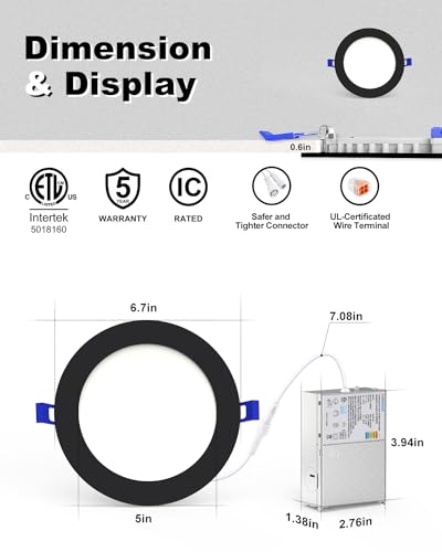 Image of VOLISUN 12 Pack 6 Inch Black Recessed Light with Night Light, 1080LM | Canless LED Recessed Lighting, 2700K-5000K Selectable, 12W=130W,Soffit Lighting Outdoor Recessed Light, ETL Certificated