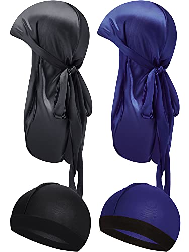 Image of 4 Pieces Kids Silky Durag with Wave Caps Set Unisex Baby Durags Long Tail and Wide Strap Headwraps Turban Beanies