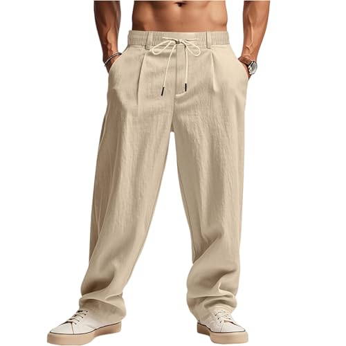 Baggy Pants Mens Linen Beach Pants Plus Size Casual Elastic Waist Lightweight Drawstring Baggy Straight Leg Summer Beach Men's Yoga Pants Trousers with Pockets(Khaki,Large)