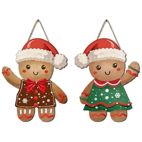 Pigort 2Pcs Gingerbread Christmas Decorations Christmas Wooden Hanging Decor for Home Front Porch Kitchen Outdoor Christmas Decor 12.5 x 9.8 inches Cover