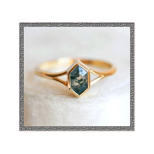 Moss Agate Ring for Women 925 Sterling Silver Adjustable Ring 14k Gold Plated Hexagon Moss Agate Jewelry Wedding Engagement Jewelry for Her Size 5-9