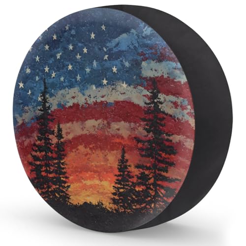 Image of Spare Tire Cover Forest Camping American Flag Wheel Covers Protectors Waterproof Dust-Proof Universal Fit Trailer, RV, SUV and Many Vehicle (16 inch for tire Diameter 29.52 inch-31.10 inch)