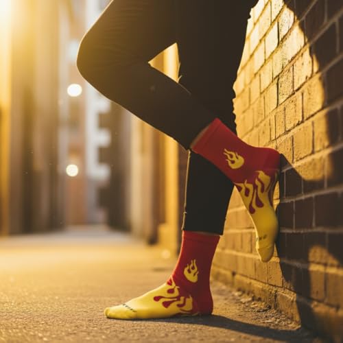 Image of Pack of 5 Flame Pattern Crew Socks | Colorful Fire Design Crew Length Cotton Socks for Men & Women | Breathable, Soft & Durable | Casual, Gym & Streetwear Socks | Multicolor