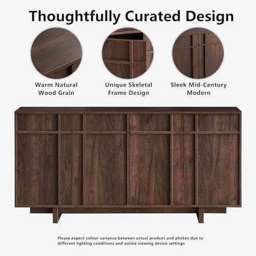 Image of Sideboard Buffet Cabinet with Storage, Mid Century Modern Accent Cabinet with Skeleton Line & Wood Grain Texture,Minimalist Geometric Credenza for Living Room, Kitchen and Entryway, Walnut