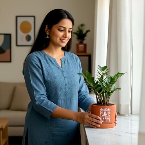 Image of Urban Plant Plants Make People Happy Terracotta Pot with Saucer (5 Inch) | Printed Clay Planter with Drainage Hole | Decorative Indoor Plant Pot for Tabletop, Desk & Home Decor
