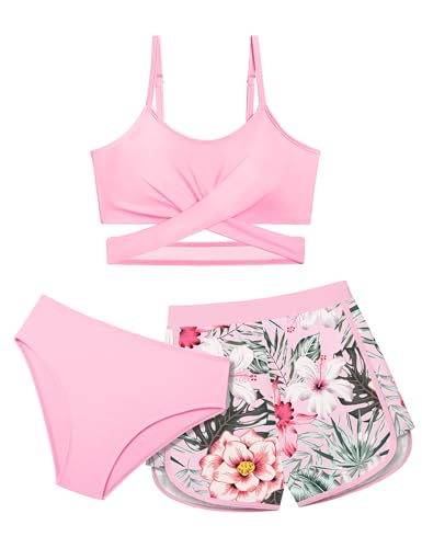 Image of Girls Swimsuit 3 Piece Bathing Suit Criss Cross Bikini Set Girls' Swimwear with Shorts 7-16T