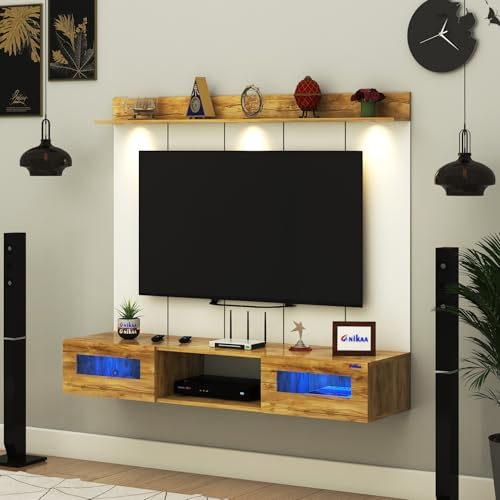Image of Anikaa Orilo Wall Mount PVC Back Panel TV Unit with Spot & Blue Ambient LED Light- Acrylic Storage Box, Display Shelf & Soft-Close Hinges | Ideal for Up to 50 Inch TV (Giantwood - DIY Installation)