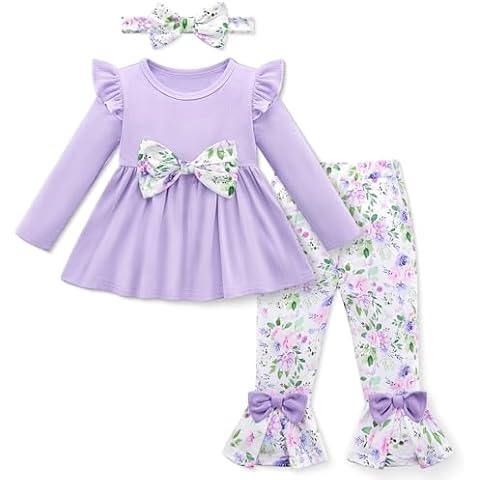 Weixinbuy 18-24 Month Girl Clothes Toddler Girl Clothes Fall Winter Outfits Long Sleeve Ruffle Tops Floral Flare Pants Set 1 to 2 years old Purple Cover