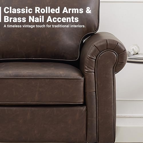 Image of Kingfun Faux Leather 3 Seater Couch, Mid Century Modern Sofa with Rolled Arms and Deep Seats, Fluffy Comfort for Living Room, Apartment, Easy Assembly, Cocoa