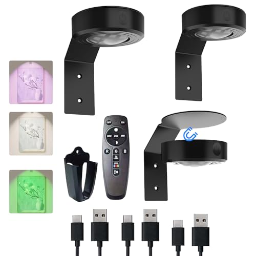 Image of 3Pcs Picture Lights for Wall, 16 Lighting Modes Magnetic Art Display Light for Paintings with Remote Control Dimmable & Timer, Wireless Wall Decor Puck Light, Black