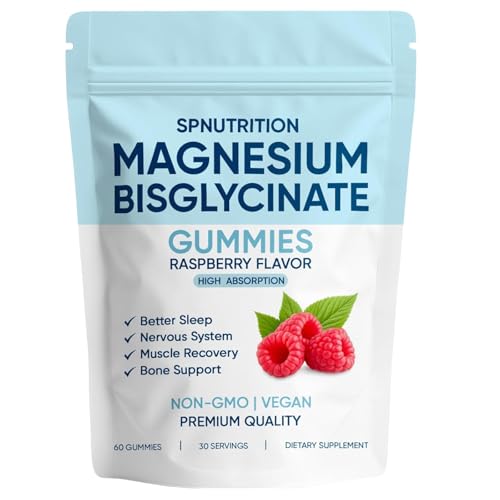 Spnutrition Magnesium Bisglycinate Gummies with 400mg Magnesium Bisglycinate Chelate Sea Salt Raspberry Fruit Powder Improve Sleep & nervous Relax Muscles Strengthen Bones Vegan 60 Gummies (1)