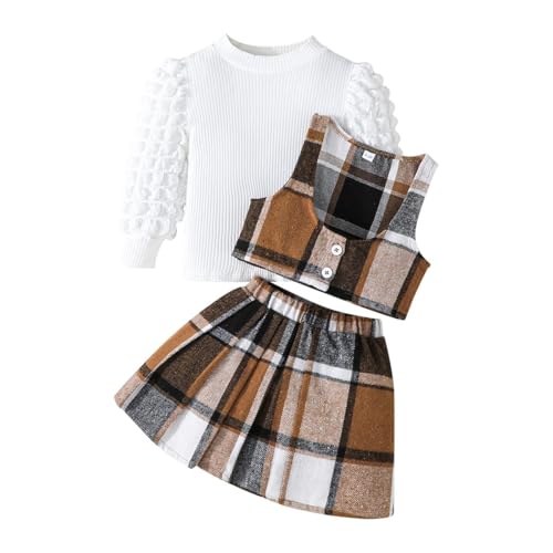 Guodeunh Toddler Girls Plaid Outfits Puff Sleeve Knit Ribbed Tops Button Down Vest Plaid Skirt Set Girls Fall Winter Clothes (Brown 8 Years)