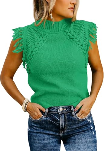 Image of Womens Summer Sleeveless Sweater Vest 2025 Mock Neck Cable Knit Fringe Cap Sleeve Boho Trendy Pullover Tank Tops