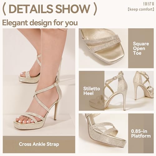 Image of IDIFU IN4 Platform High Heels for Women Strappy Heeled Sandals Square Toe Heels Stiletto Heels Women's Wedding Party Bridal Sexy Dress Shoes Open Toe Heels
