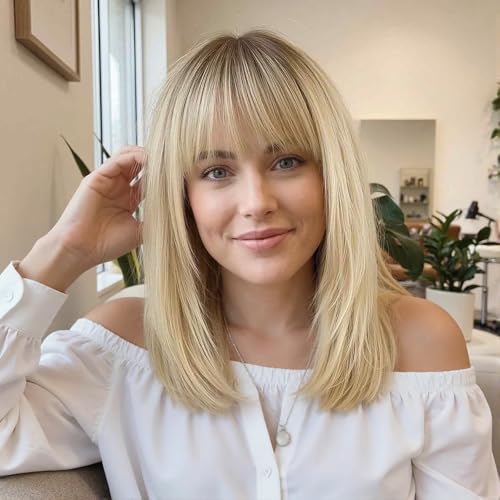 Image of 16 Inch Ombre Golden Brown Human Hair Wig, Human Hair Wig With Bangs, Real Hair Wigs For Women, real human hair wigs