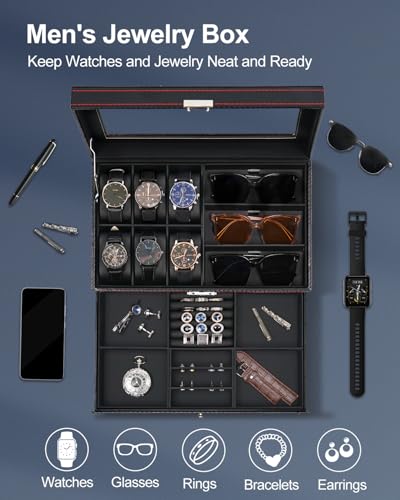 Jenseits Watch Box for Mens Jewelry Box, 6 Slot Watch Case & 3 Slot Sunglasses Organizer, Lockable PU Leather Jewelry Organizer Watch Display Storage W/Drawer For Rings Bracelets, Gift for Men Women2