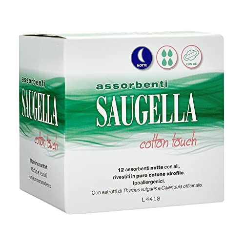 Saugella Assorbenti Cotton Touch Notte, 12 Assorbenti Cotone Notte con Ali, Azione Antibatterica, Antiodore e Lenitiva