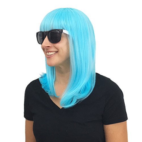 Hisilli 4 pc. 15" Light Blue Bob Wig for Women and Girls: Women's Long Bob Wig Colorful Party Halloween Costume Daily Synthetic Cosplay Flat Bangs and White/Black Sunglasses