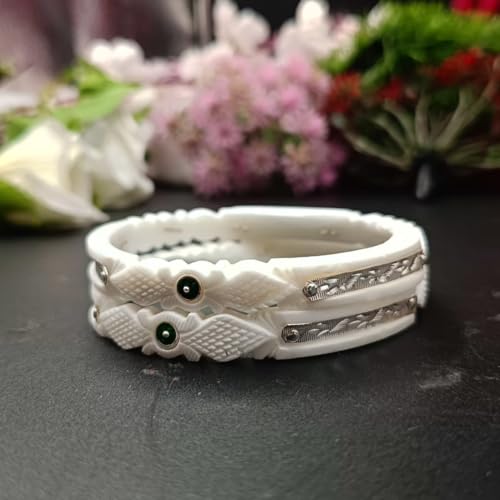 Image of Elegant White Designer Bangles with Silver Detailing for Women - Traditional