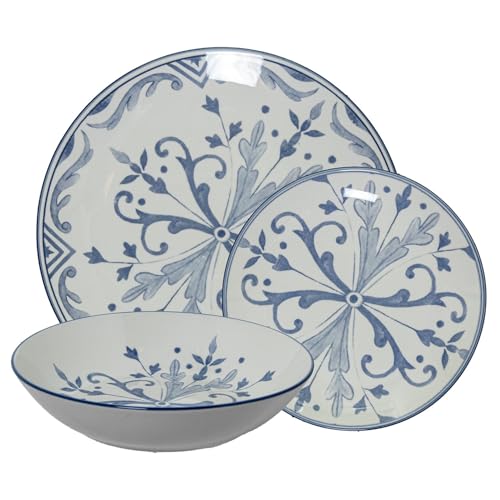 Vajilla de 18 piezas de porcelana en blanco y decoracion en azul 26x6x26 cm