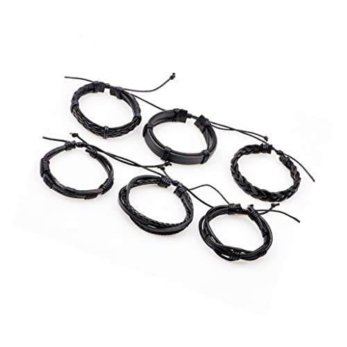 Image of PU Leather Multilayer Black Handcrafted Stylish Unisex Bracelet(set of 6)