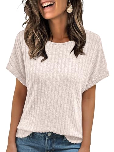 AUTOMET Women Summer Tops 2026 Spring Sweaters Dressy Casual Short Sleeve Shirts Business Blouses Apricot L