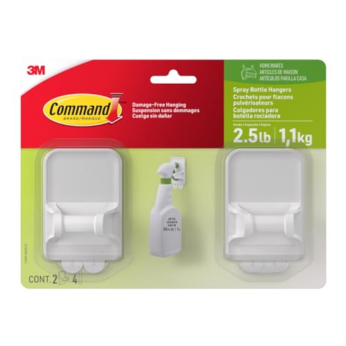 Command Spray Bottle Hangers, Holds up to 32 fl oz, 2 Hangers with 4 Command Strips, Damage Free Spray Bottle Holder Wall Mount to Cabinet, Kitchen, or Under Sink