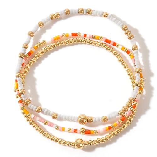 Gold Beaded Bracelets Stack for Women, 3PCS Colorful Bohemian Stackable Layered Adjustable Stretch Non-Tarnish Seed Beads Bracelet Set, Dainty Jewelry Fall Fashion Accessory Friendship Gift