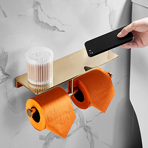 Double Roll Toilet Paper Holder With Shelf Solid Brass And Superior Hotel Style Tissue Dispenser Spared Storage Polished Gold Finish #TOP5