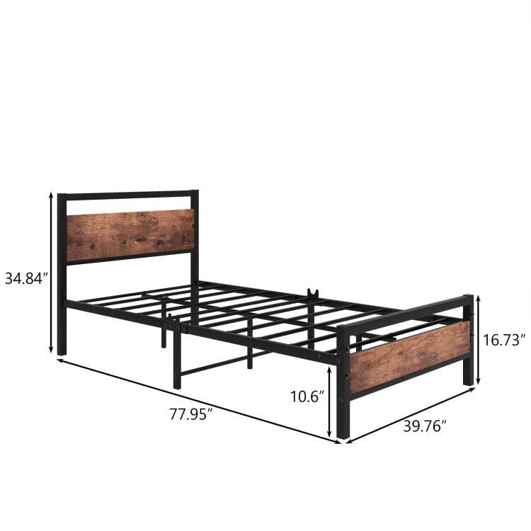 Image of HOJINLINERO Metal Bed Frame Twin with Wood Headboard,No Box Spring,Brown