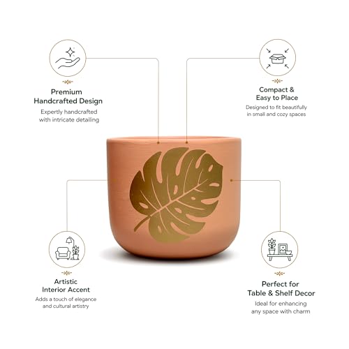 Image of Urban Plant Monstera Muse Handcrafted Terracotta Planter | Monstera Leaf Design | Indoor Clay Pot for Living Room | Artisan Decorative Flower Pot | Drainage Hole | 4.5 Inch