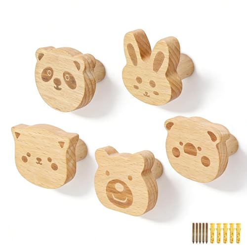 MUNTE 5 Pièces Patere Bois Forme Animale, Patere Murale en Bois, Porte Manteau Mural Enfant avec Tube D'expansion et Vis, Capacité de Charge 3-5 kg, pour...