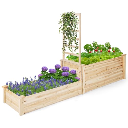 COSTWAY Hochbeet mit Rankgitter, Blumenkasten mit Spalier, Pflanzkasten aus Tannenholz, Gartenspalier mit Rankkasten, Blumenkübel für Kletterpflanze Balkon Garten Terrasse, Natur, 223x64x134 cm