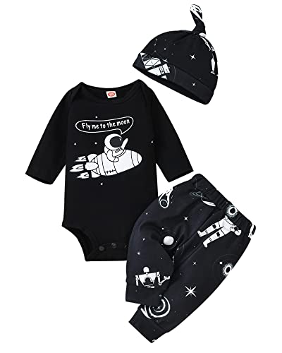 Image of Infant Preemie Baby Boy Black Fall Clothes Bodysuit Romper Pants Set with Hat